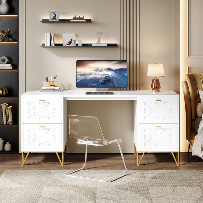 Modern 59 Inch White Executive Computer Desk with Drawers - ShipItFurniture