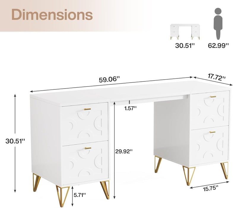 Modern 59 Inch White Executive Computer Desk with Drawers - ShipItFurniture