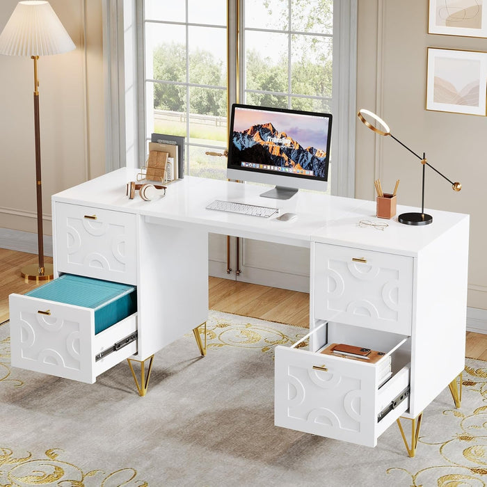 Modern 59 Inch White Executive Computer Desk with Drawers - ShipItFurniture