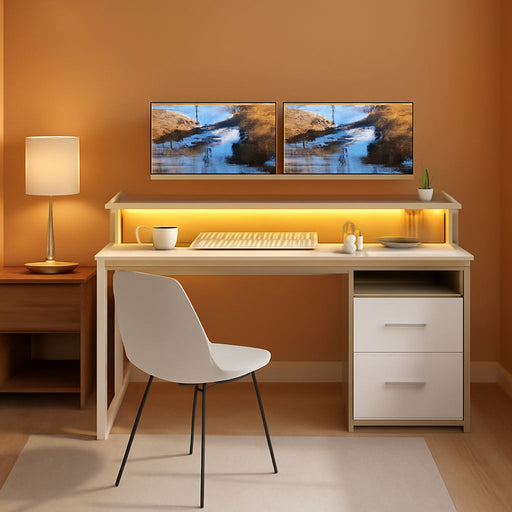 Modern Computer Desk with Drawers Power Outlets LED Light - ShipItFurniture