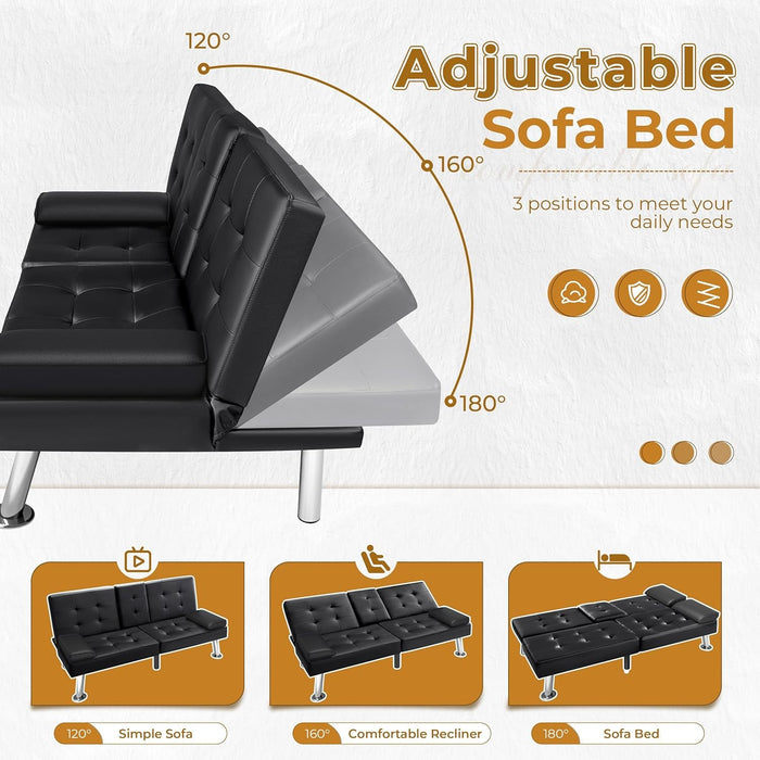 Modern Faux Leather Convertible Sofa Bed with Cup Holders - ShipItFurniture