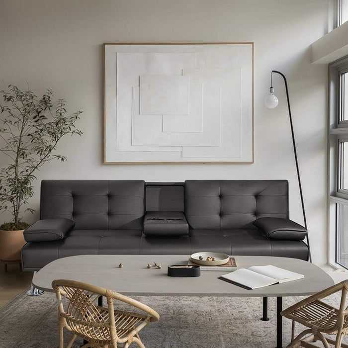 Modern Faux Leather Convertible Sofa Bed with Cup Holders - ShipItFurniture
