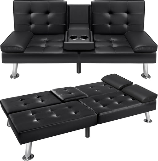 Modern Faux Leather Convertible Sofa Bed with Cup Holders - ShipItFurniture