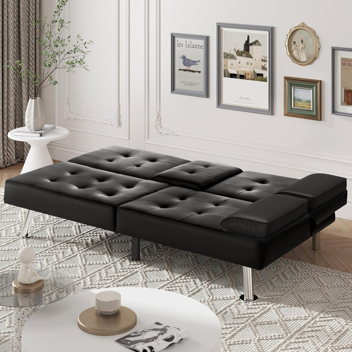 Modern Faux Leather Convertible Sofa Bed with Cup Holders - ShipItFurniture