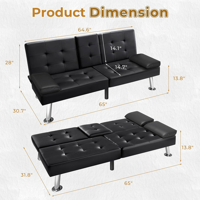 Modern Faux Leather Convertible Sofa Bed with Cup Holders - ShipItFurniture
