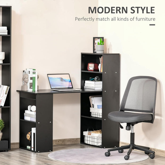 Modern Home Office Desk with 6 - Tier Storage Shelves, 47" Writing Desk with Bookshelf, Black - ShipItFurniture