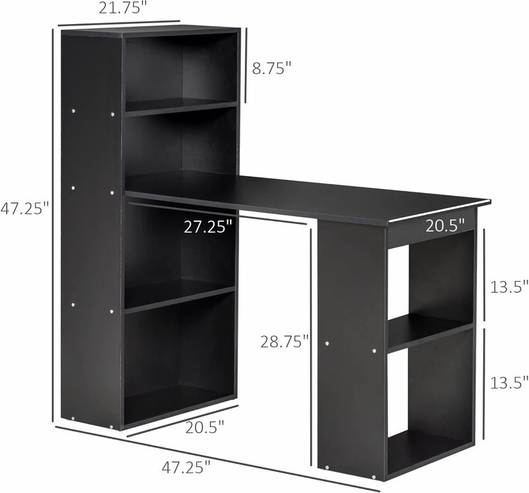 Modern Home Office Desk with 6 - Tier Storage Shelves, 47" Writing Desk with Bookshelf, Black - ShipItFurniture