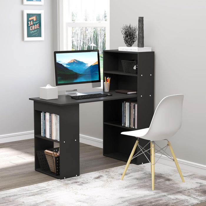 Modern Home Office Desk with 6 - Tier Storage Shelves, 47" Writing Desk with Bookshelf, Black - ShipItFurniture