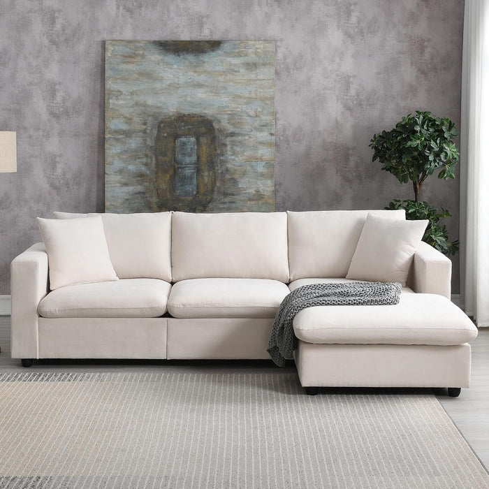 Modern L Shaped Beige Cloud Sofa With Convertible Ottoman - ShipItFurniture