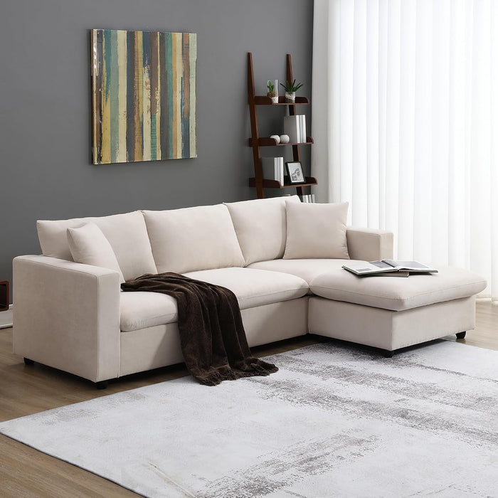 Modern L Shaped Beige Cloud Sofa With Convertible Ottoman - ShipItFurniture