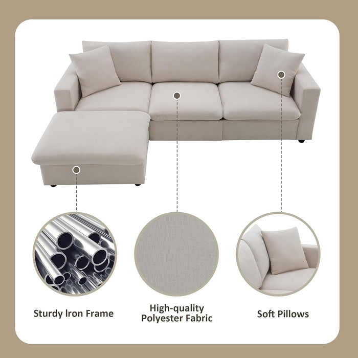 Modern L Shaped Beige Cloud Sofa With Convertible Ottoman - ShipItFurniture