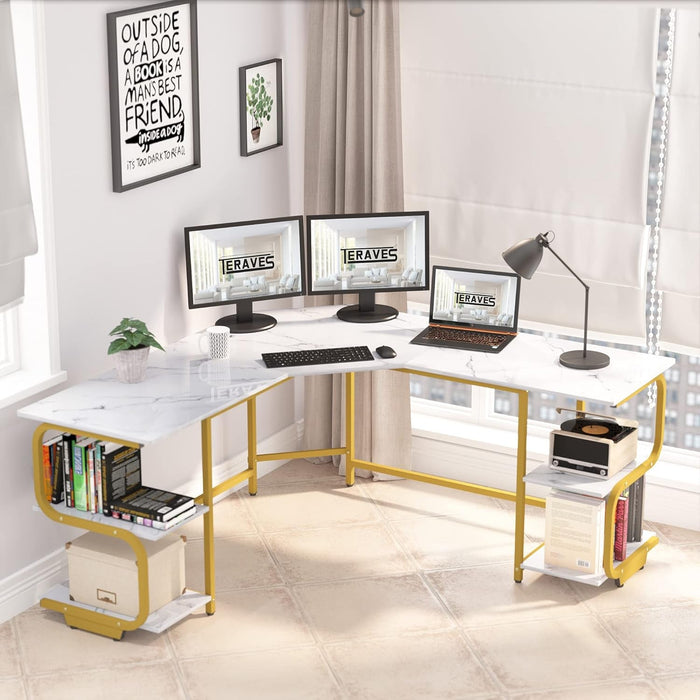 Modern L Shaped Desk with Large Shelves for Office - ShipItFurniture