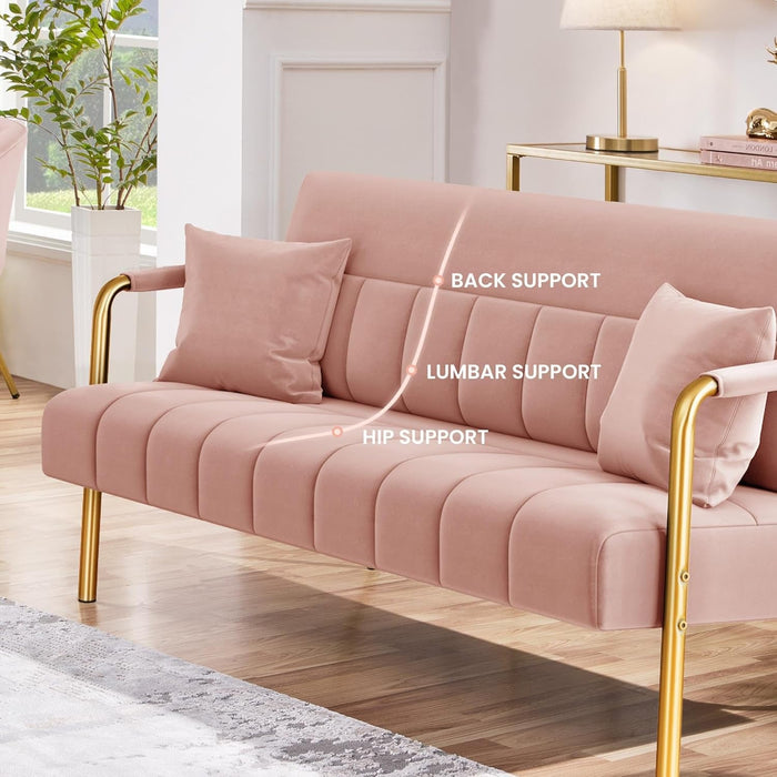 Modern Pink Velvet Sofa with Gold Arms for Living Room - ShipItFurniture