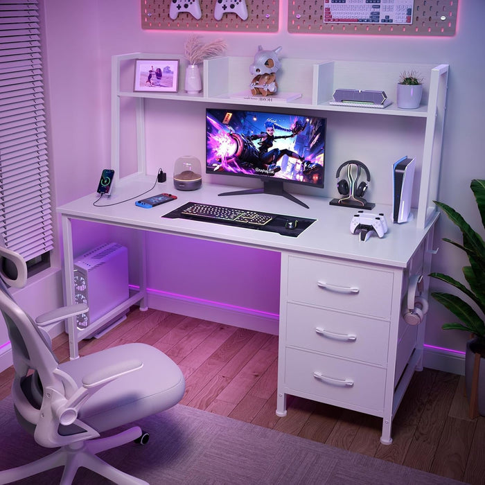 Modern White Computer Desk with Hutch and Drawers - ShipItFurniture