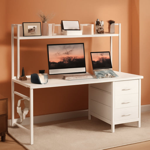 Modern White Computer Desk with Hutch and Drawers - ShipItFurniture