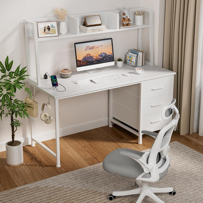 Modern White Computer Desk with Hutch and Drawers - ShipItFurniture