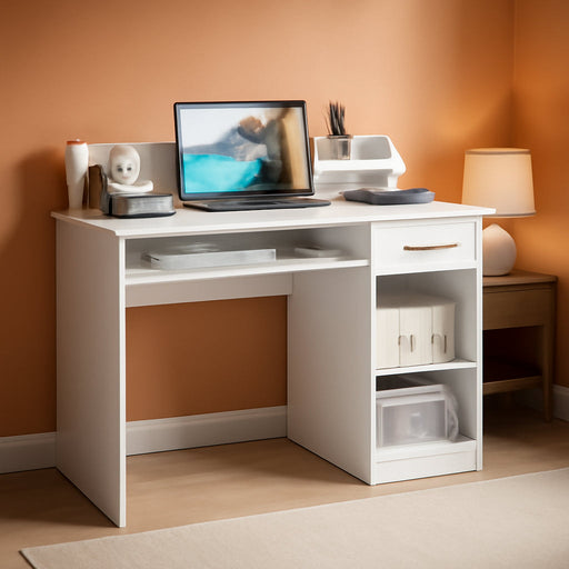 Modern White Desk with Drawer and Keyboard Tray - ShipItFurniture