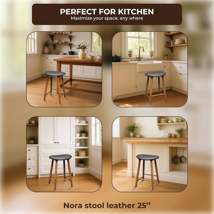 Nora Stool 25" Upholstered Counter Stool, Bar Stool with Leather Cushion for Kitchen & Home Bar, Rubber Wood - ShipItFurniture