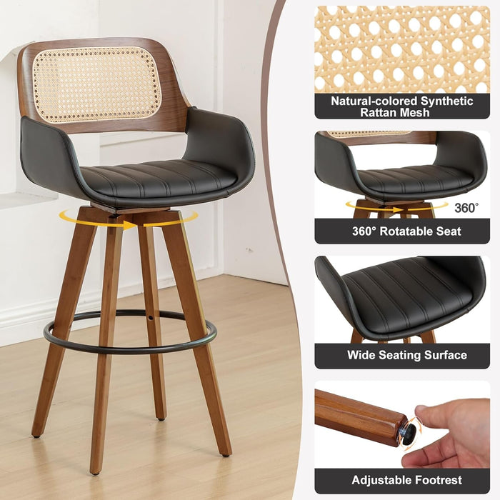 Rattan Swivel Bar Stools, Counter Height Bar Stools with Cane Back, Upholstered Seat, Faux Leather Upholstered Furniture for Island/Counter (Black, 29.7" - 3 PCS) - ShipItFurniture
