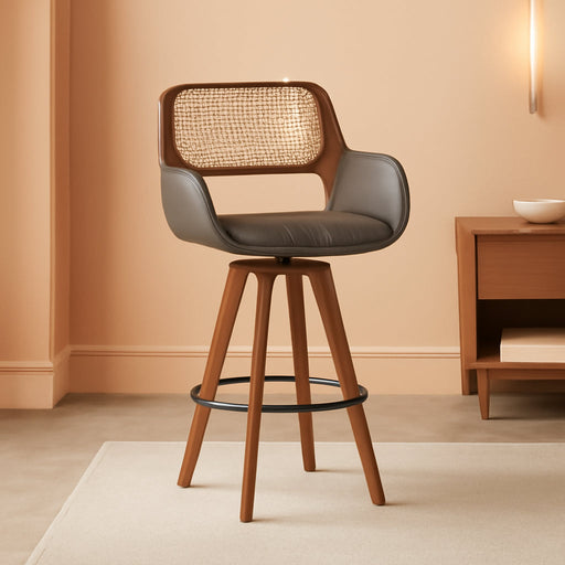 Rattan Swivel Bar Stools, Counter Height Bar Stools with Cane Back, Upholstered Seat, Faux Leather Upholstered Furniture for Island/Counter (Black, 29.7" - 3 PCS) - ShipItFurniture