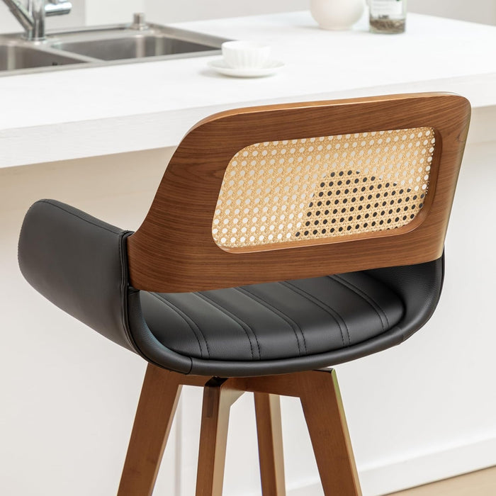 Rattan Swivel Bar Stools, Counter Height Bar Stools with Cane Back, Upholstered Seat, Faux Leather Upholstered Furniture for Island/Counter (Black, 29.7" - 3 PCS) - ShipItFurniture