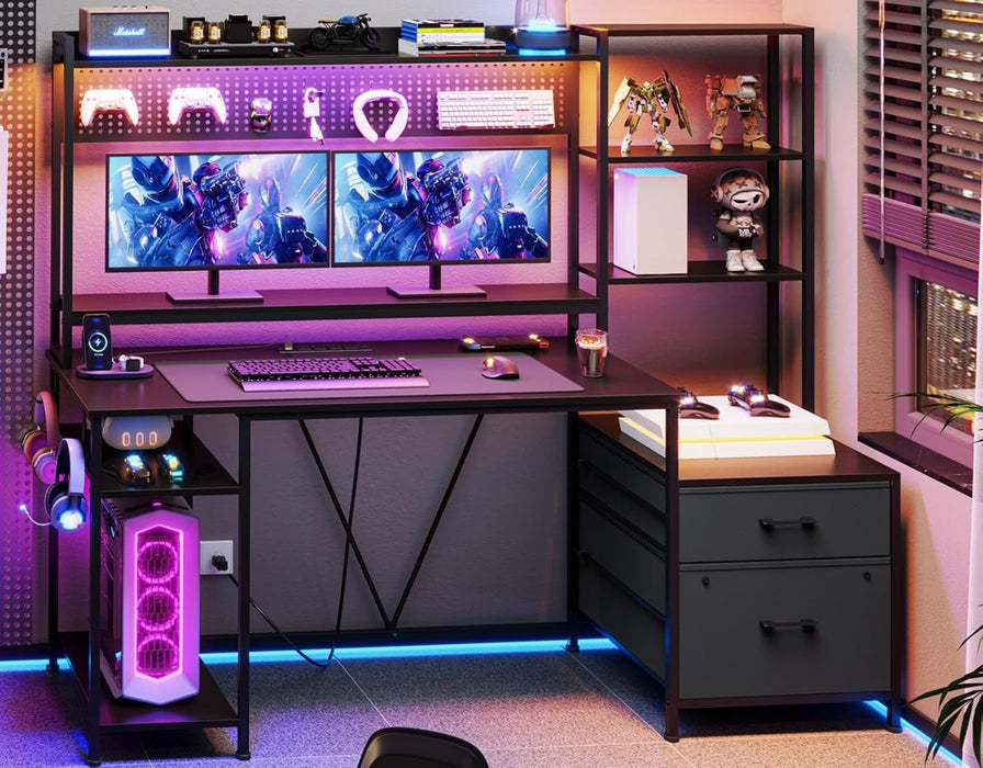 Reversible Gaming Desk with Power Outlets and LED Light - ShipItFurniture