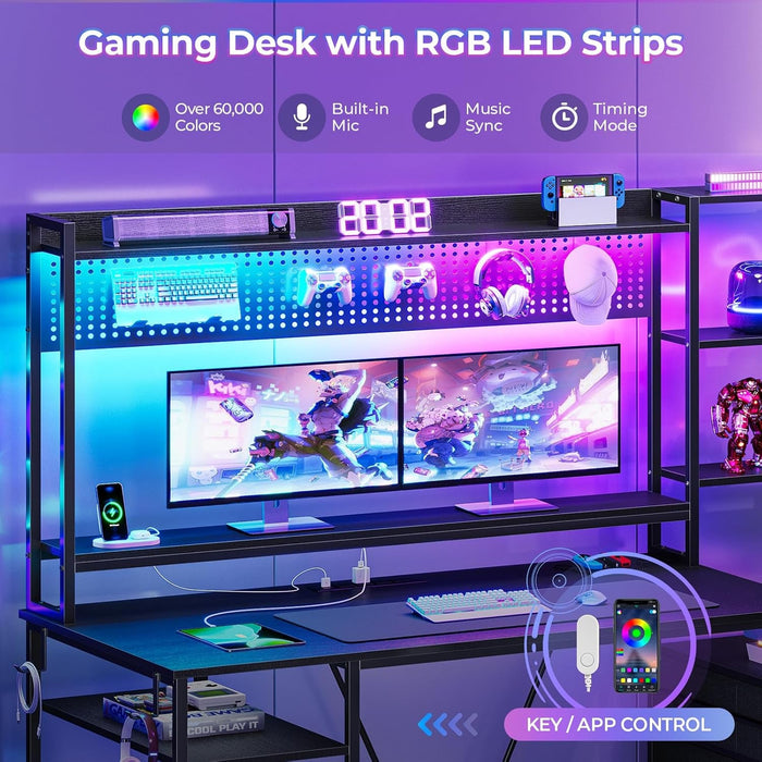 Reversible Gaming Desk with Power Outlets and LED Light - ShipItFurniture