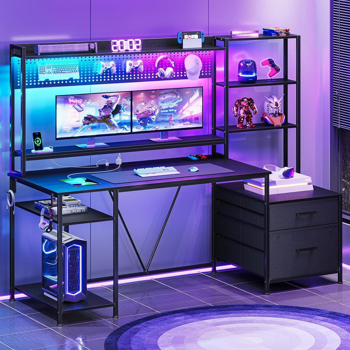 Reversible Gaming Desk with Power Outlets and LED Light - ShipItFurniture