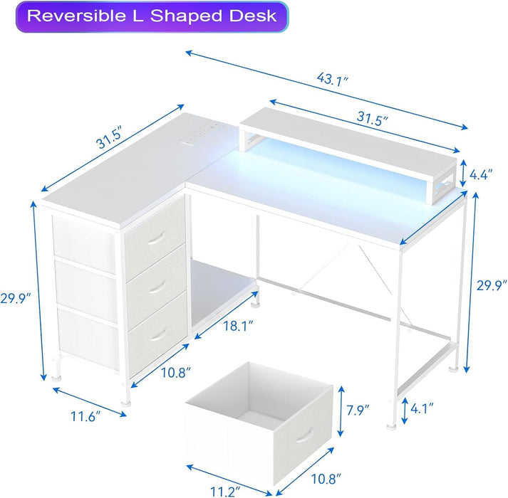 Reversible L Shaped Desk with LED Lights and Power Outlet - ShipItFurniture