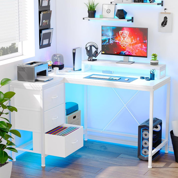 Reversible L Shaped Desk with LED Lights and Power Outlet - ShipItFurniture