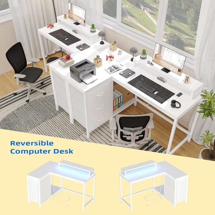 Reversible L Shaped Desk with LED Lights and Power Outlet - ShipItFurniture
