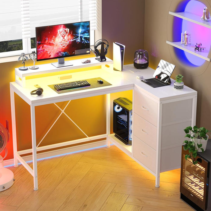 Reversible L Shaped Desk with LED Lights and Power Outlet - ShipItFurniture