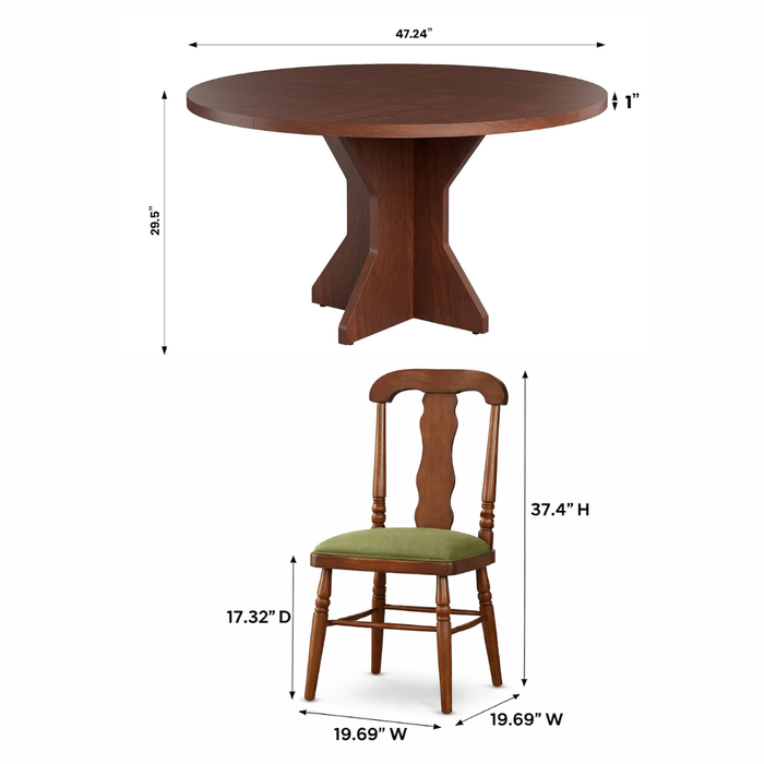 47" Round Dining Table Set with 4 Upholstered Carved Back Chairs, Brown Dining Room Set