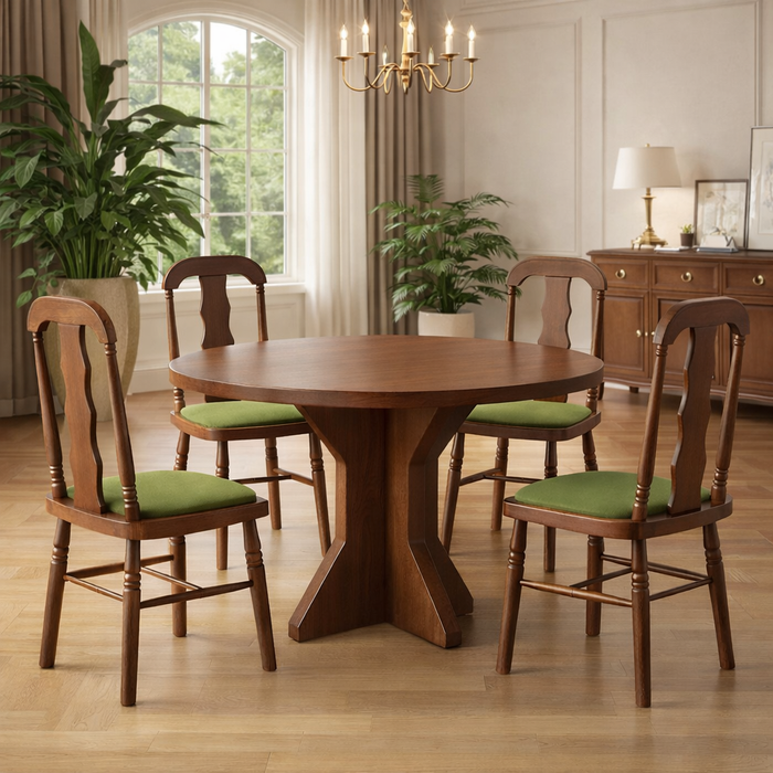 47" Round Dining Table Set with 4 Upholstered Carved Back Chairs, Brown Dining Room Set