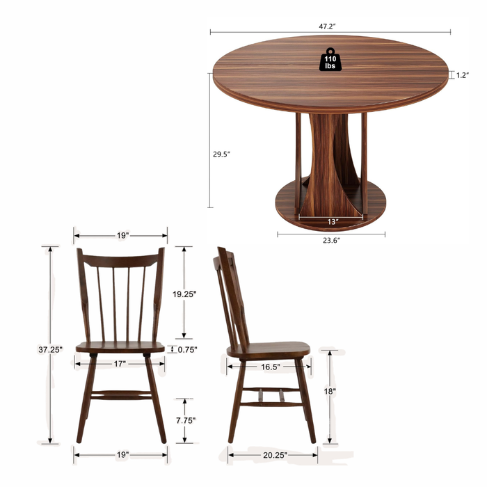 47" Round Walnut Dining Table with 4 Windsor Spindle Back Chairs 5-Piece Dining Set