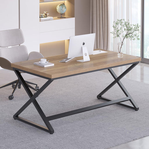 Rustic Computer Desk, Modern Metal Home Office Desk, Farmhouse Work Study Writing Desk in Bedroom, Minimalist Wood Laptop Executive Workstation Computer PC Gaming Table, Rustic Oak, 55 In - ShipItFurniture