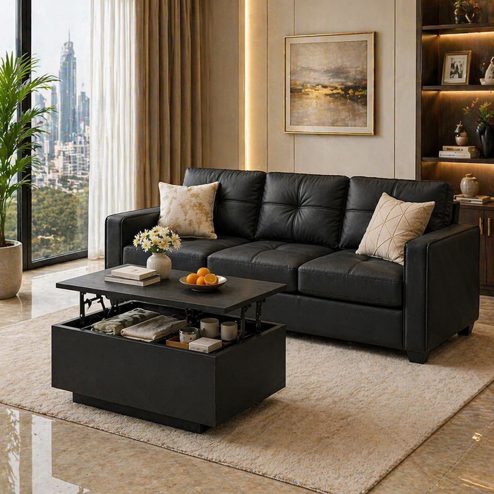 88" Black Faux Leather Sofa with USB Ports & Lift Top Storage Coffee Table Set