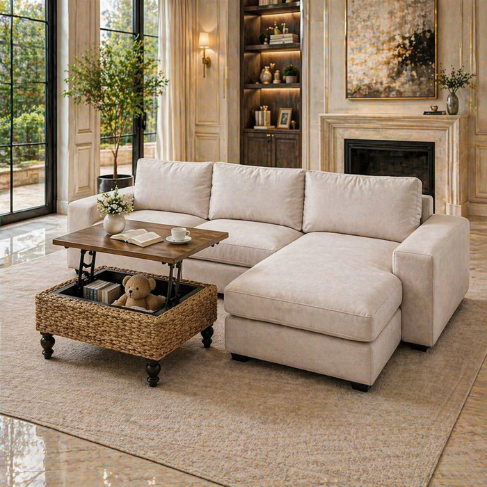 125.2" Beige Kivik Compatible Sectional Cover with Lift Top Farmhouse Coffee Table Set