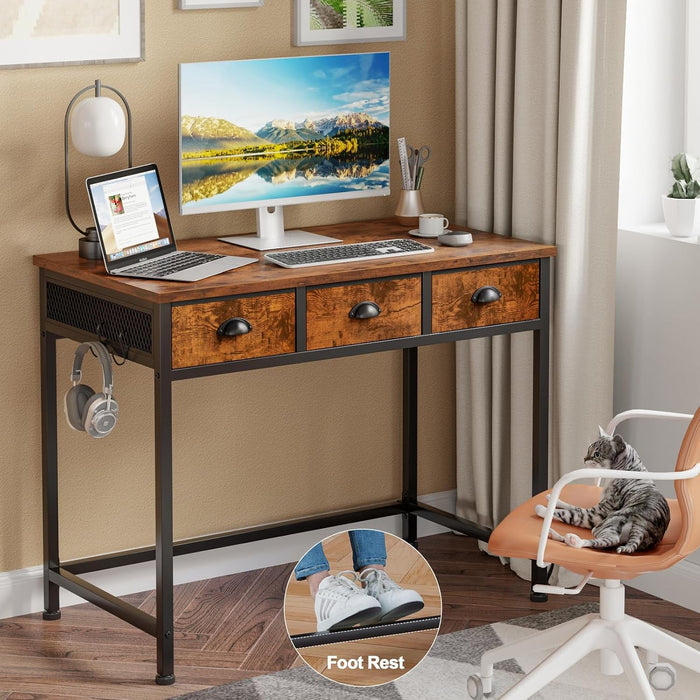 Small Computer Desk with 3 Fabric Drawers, 40 Inch Simple Home Office Desk, Writing Desk with Hooks, Study Table for Working Small Spaces, Makeup Desk for Bedroom, Rustic Brown - ShipItFurniture