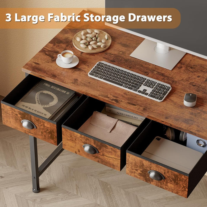 Small Computer Desk with 3 Fabric Drawers, 40 Inch Simple Home Office Desk, Writing Desk with Hooks, Study Table for Working Small Spaces, Makeup Desk for Bedroom, Rustic Brown - ShipItFurniture