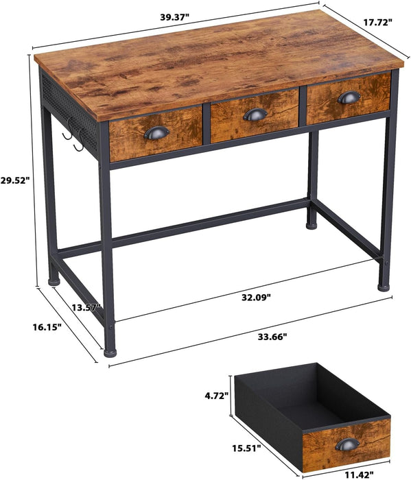 Small Computer Desk with 3 Fabric Drawers, 40 Inch Simple Home Office Desk, Writing Desk with Hooks, Study Table for Working Small Spaces, Makeup Desk for Bedroom, Rustic Brown - ShipItFurniture