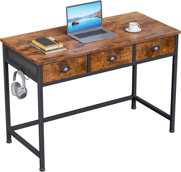 Small Computer Desk with 3 Fabric Drawers, 40 Inch Simple Home Office Desk, Writing Desk with Hooks, Study Table for Working Small Spaces, Makeup Desk for Bedroom, Rustic Brown - ShipItFurniture