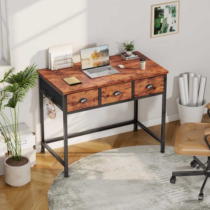 Small Computer Desk with 3 Fabric Drawers, 40 Inch Simple Home Office Desk, Writing Desk with Hooks, Study Table for Working Small Spaces, Makeup Desk for Bedroom, Rustic Brown - ShipItFurniture