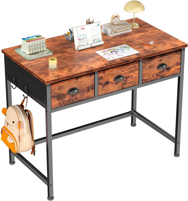 Small Computer Desk with 3 Fabric Drawers, 40 Inch Simple Home Office Desk, Writing Desk with Hooks, Study Table for Working Small Spaces, Makeup Desk for Bedroom, Rustic Brown - ShipItFurniture