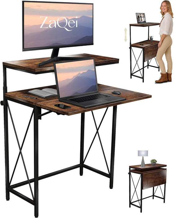 Small Standing Desk, Height Adjustable Small Writing, Mini Desk, Home Office Desks, Work for Home Office, Folding Laptop Study Compact (Brown) - ShipItFurniture