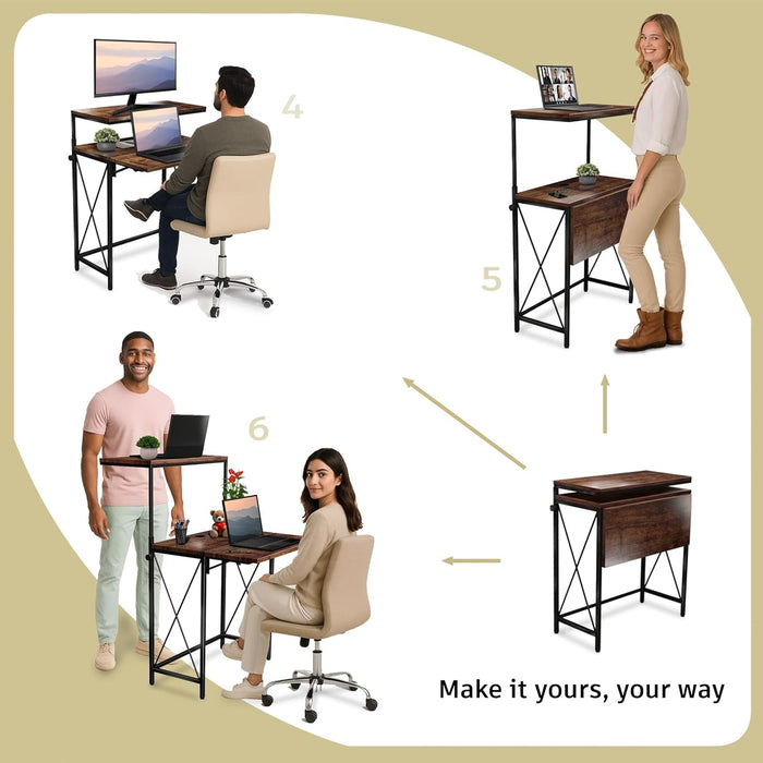 Small Standing Desk, Height Adjustable Small Writing, Mini Desk, Home Office Desks, Work for Home Office, Folding Laptop Study Compact (Brown) - ShipItFurniture