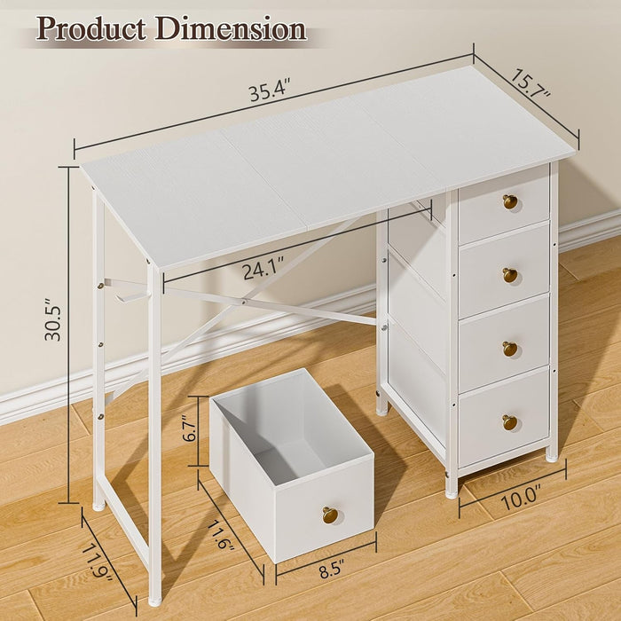 Small Writing Desk with 4 Fabric Drawers, 35.4 Inch Computer Desk for Home Office, Simple PC Desk for Small Places, Kids Girls Teen Study Table for Bedroom Dorm, White - ShipItFurniture