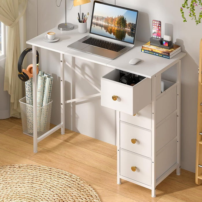 Small Writing Desk with 4 Fabric Drawers, 35.4 Inch Computer Desk for Home Office, Simple PC Desk for Small Places, Kids Girls Teen Study Table for Bedroom Dorm, White - ShipItFurniture