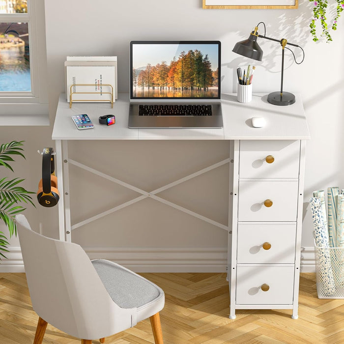 Small Writing Desk with 4 Fabric Drawers, 35.4 Inch Computer Desk for Home Office, Simple PC Desk for Small Places, Kids Girls Teen Study Table for Bedroom Dorm, White - ShipItFurniture
