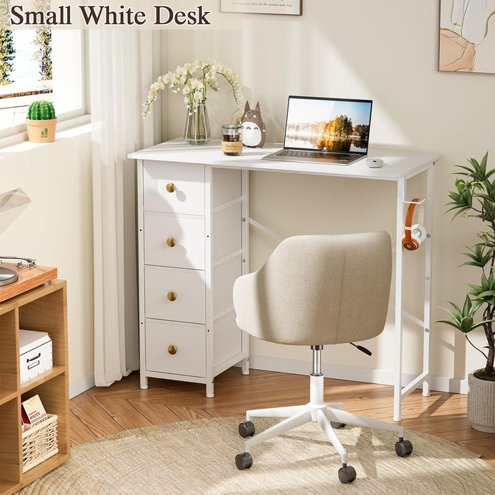 Small Writing Desk with 4 Fabric Drawers, 35.4 Inch Computer Desk for Home Office, Simple PC Desk for Small Places, Kids Girls Teen Study Table for Bedroom Dorm, White - ShipItFurniture